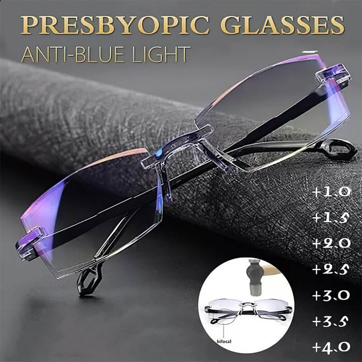 Purple frame unisex multifocal reading glasses for presbyopia & eye protection.