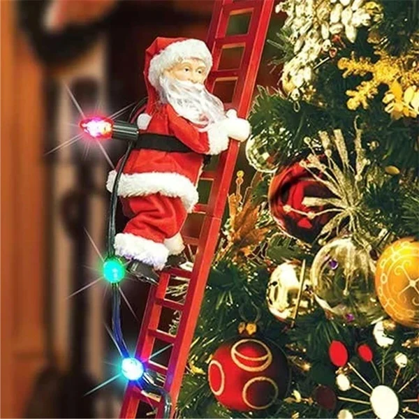 "Animated climbing Santa with LED lights on a ladder playing Christmas carols, perfect for festive holiday decor."