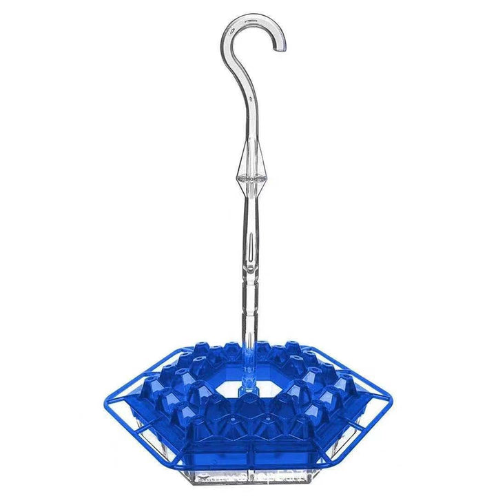 "Ant proof hummingbird feeder with raised ports, outdoor perch, hexagonal design, UV-resistant, ideal for gardens."