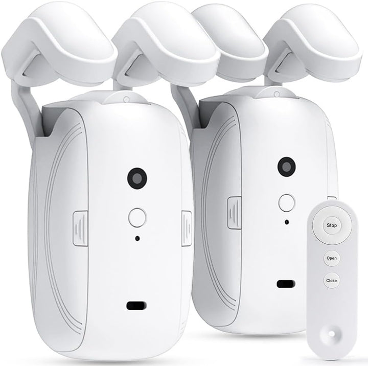"Automatic curtain opener with bluetooth remote, sleek design, for modern home automation and effortless control."