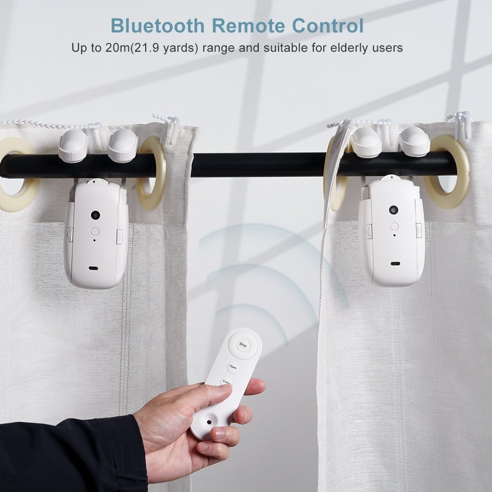 "Automatic curtain opener with bluetooth remote, sleek design, for modern home automation and effortless control."