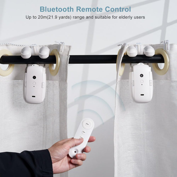 "Automatic curtain opener with bluetooth remote, sleek design, for modern home automation and effortless control."