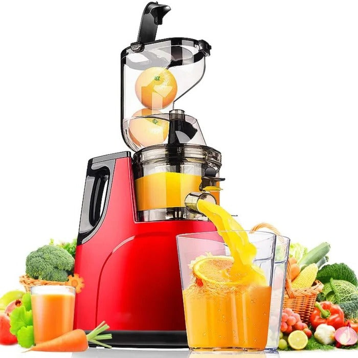 "Automatic juicer with large 90mm opening for whole fruits and vegetables, sleek silver design, residue-free juicing."