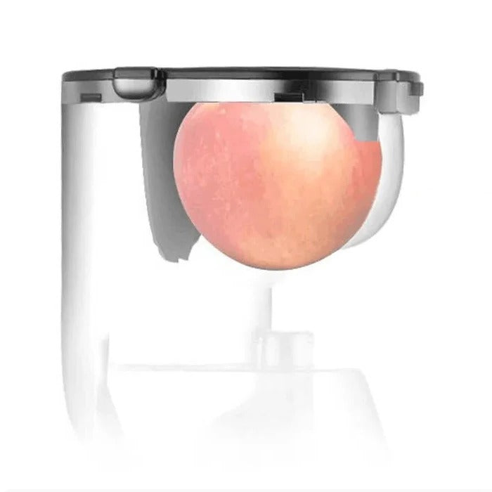 "Automatic juicer with large 90mm opening for whole fruits and vegetables, sleek silver design, residue-free juicing."