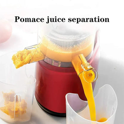 "Automatic juicer with large 90mm opening for whole fruits and vegetables, sleek silver design, residue-free juicing."