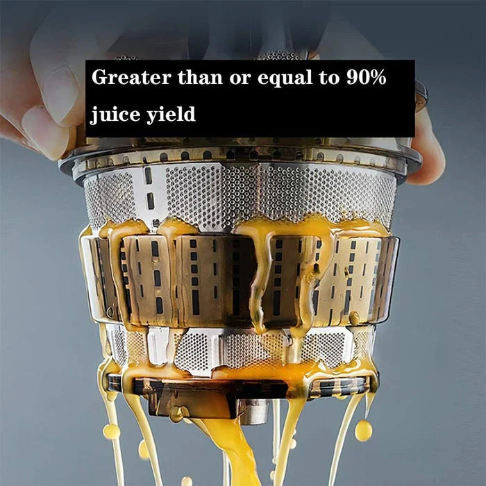 "Automatic juicer with large 90mm opening for whole fruits and vegetables, sleek silver design, residue-free juicing."