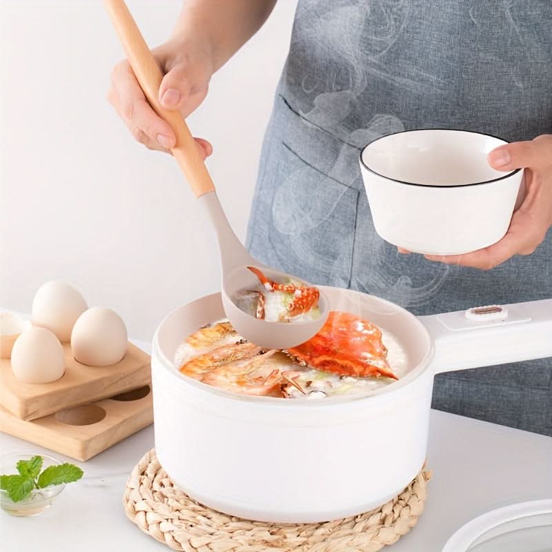 Complete 12-piece silicone cooking utensil set with wooden handles. Safe for non-stick cookware.