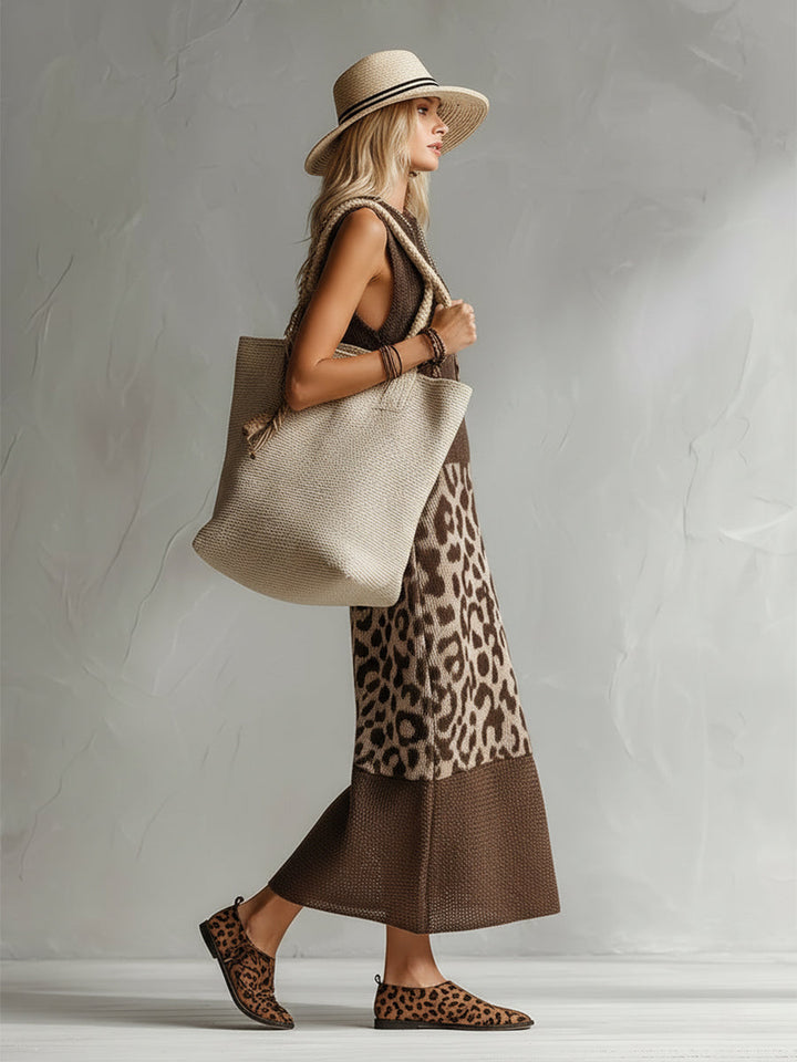 Comfortable sleeveless midi dress for women featuring a stylish brown leopard print, ideal for versatile fashion.