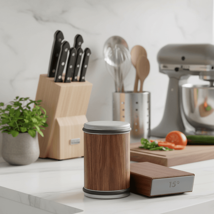 Professional knife sharpener for kitchen blades, featuring diamond and ceramic wheels for precision edges.