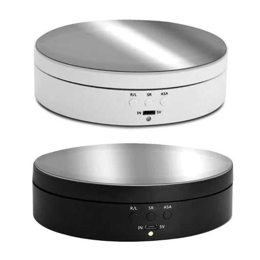 "Black electric motorized rotating display stand, round base, showcasing 360° rotation for professional photography setups."