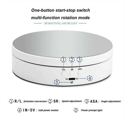"Black electric motorized rotating display stand, round base, showcasing 360° rotation for professional photography setups."