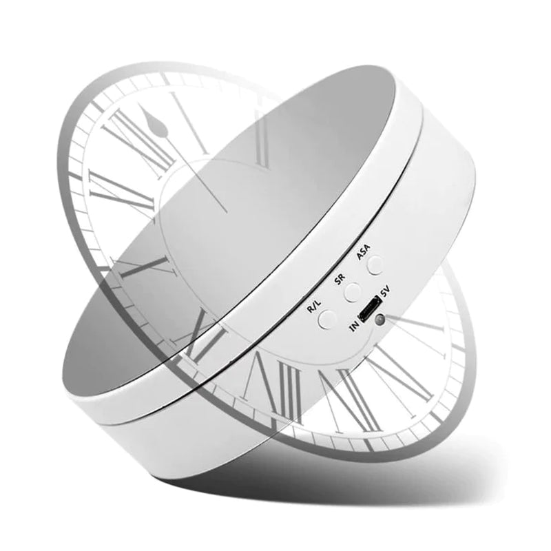 "Black electric motorized rotating display stand, round base, showcasing 360° rotation for professional photography setups."