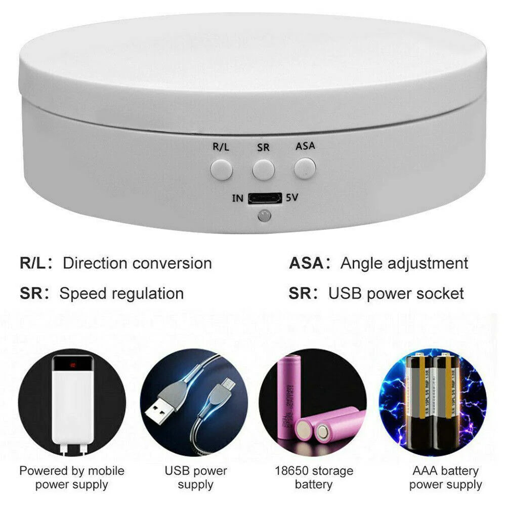 "Black electric motorized rotating display stand, round base, showcasing 360° rotation for professional photography setups."