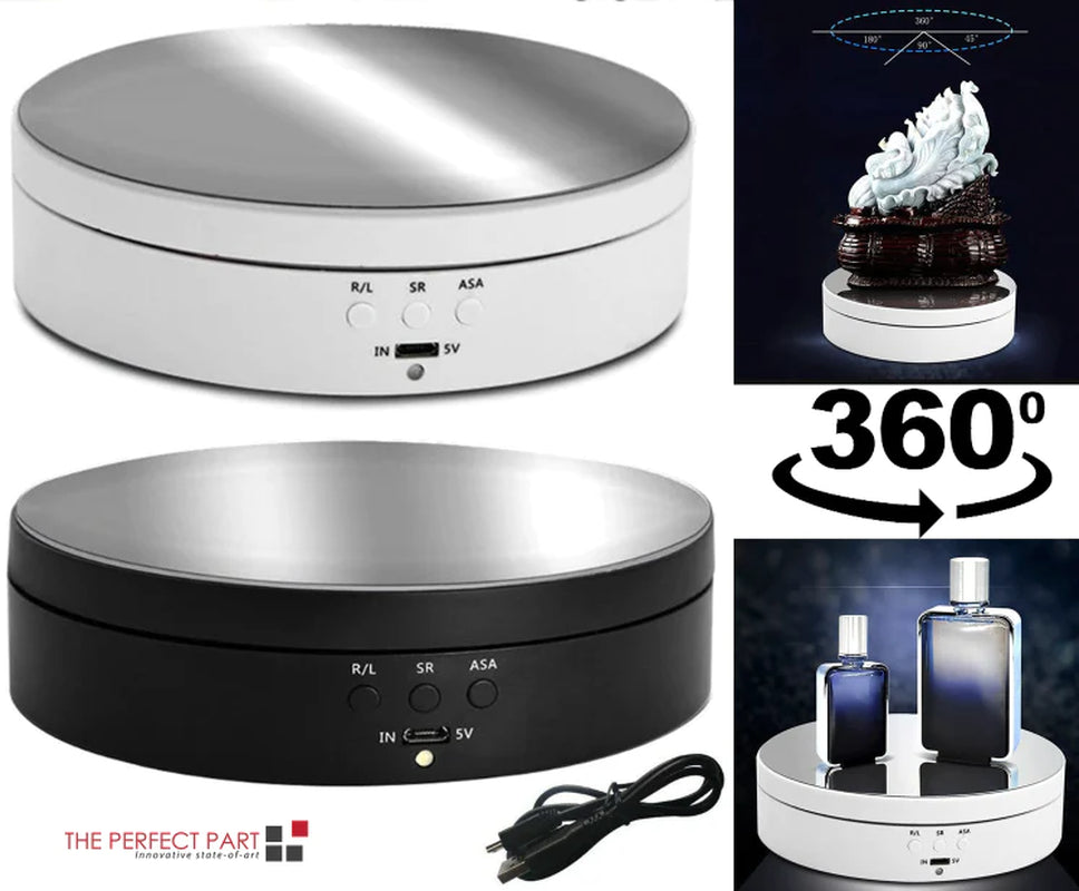"Black electric motorized rotating display stand, round base, showcasing 360° rotation for professional photography setups."