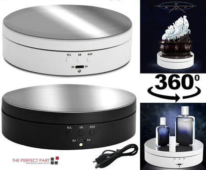 "Black electric motorized rotating display stand, round base, showcasing 360° rotation for professional photography setups."