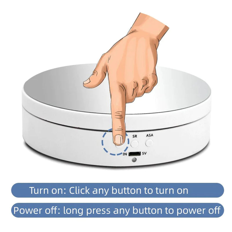 "Black electric motorized rotating display stand, round base, showcasing 360° rotation for professional photography setups."