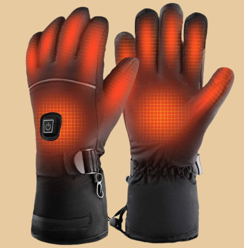 "Black heated electric gloves for men and women, adjustable heat settings, water-resistant, ideal for winter sports."