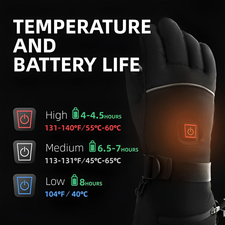 "Black heated electric gloves for men and women, adjustable heat settings, water-resistant, ideal for winter sports."