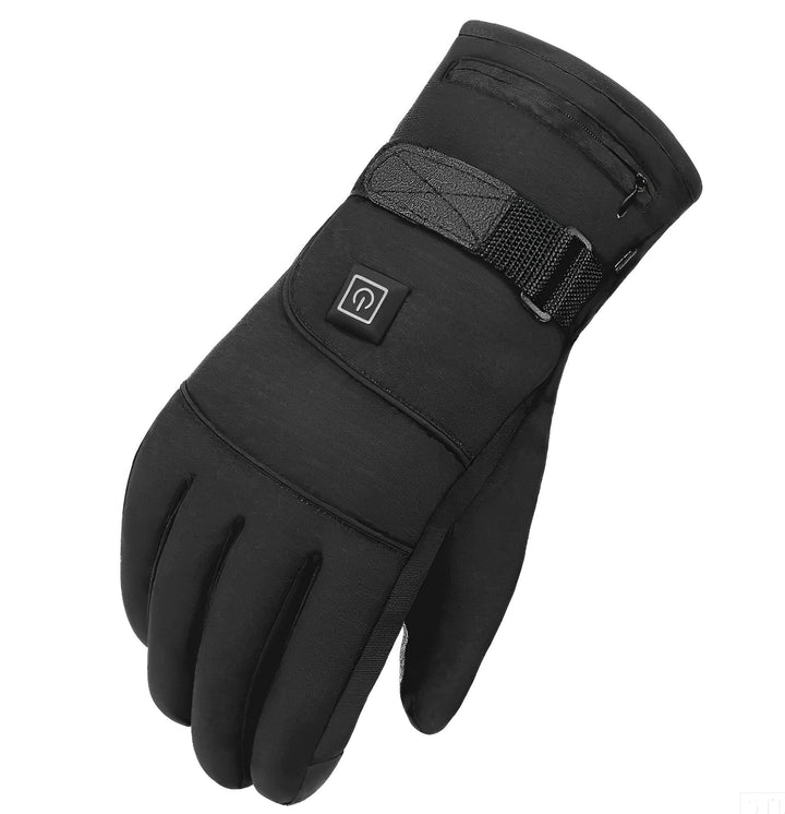 "Black heated electric gloves for men and women, adjustable heat settings, water-resistant, ideal for winter sports."