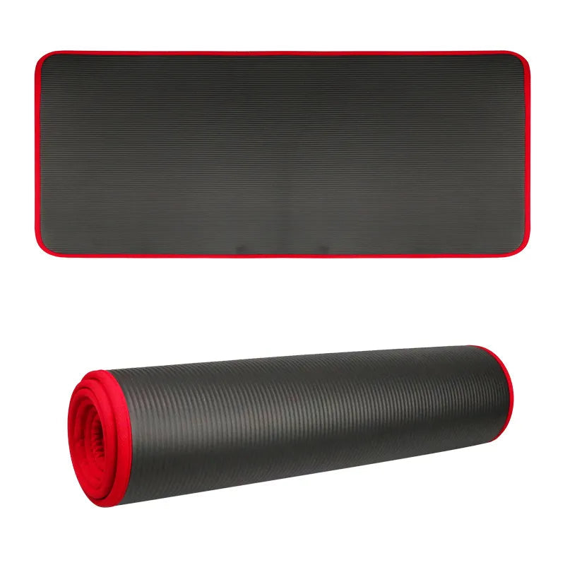 Black unisex extra thick non-slip exercise mat for yoga, Pilates, and fitness. Provides joint support & comfort.