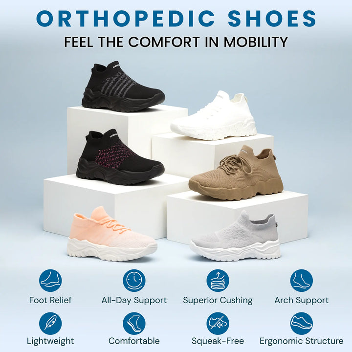Unisex black orthopedic slip-on shoes, designed for easy wear and superior comfort.