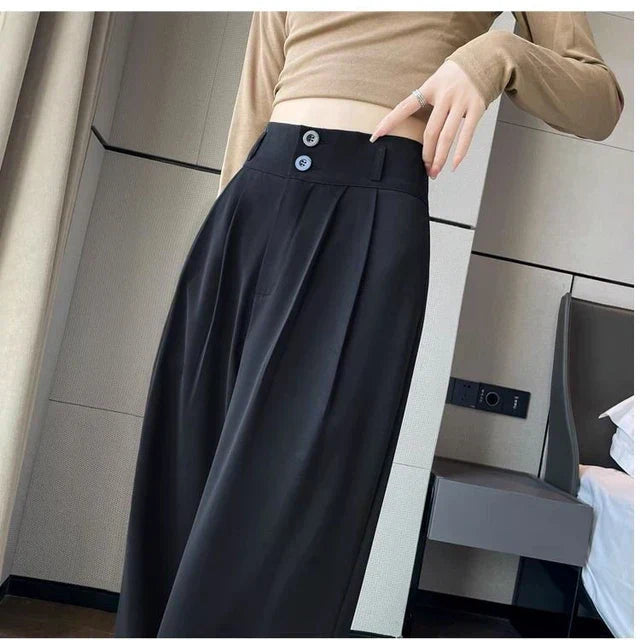 Elegant black women's high waist palazzo trousers with wide leg, perfect for office, casual, or comfortable wear. Versatile fashion.
