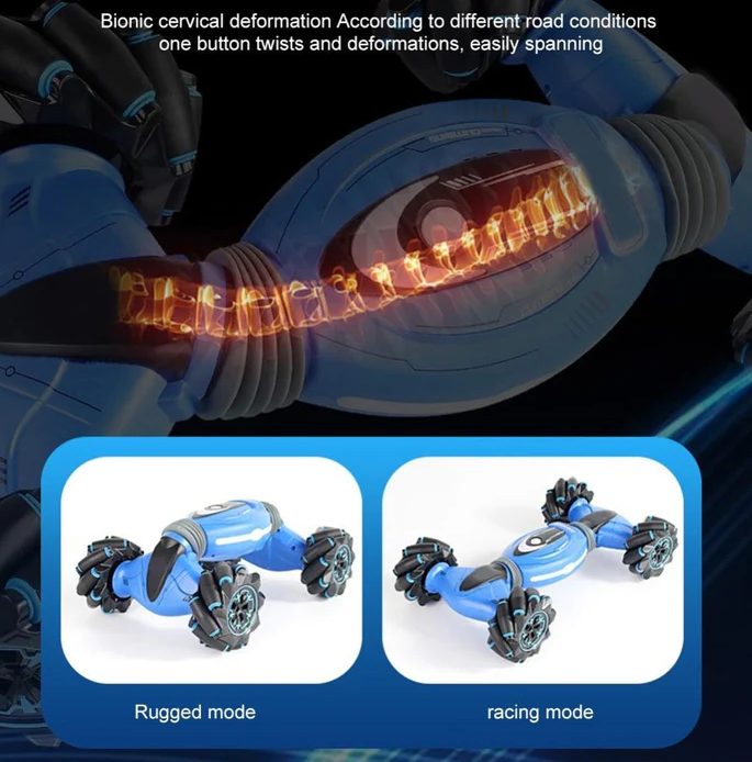 "Blue gesture controlled stunt car for kids with 360° rotation, featuring vibrant colors and robust, all-terrain design."
