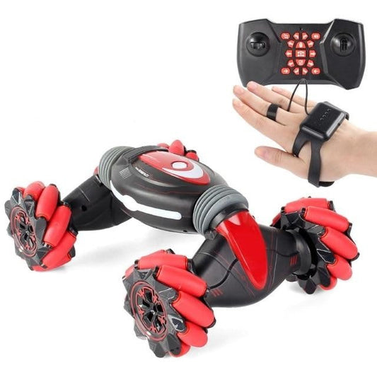 "Blue gesture controlled stunt car for kids with 360° rotation, featuring vibrant colors and robust, all-terrain design."