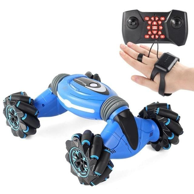 "Blue gesture controlled stunt car for kids with 360° rotation, featuring vibrant colors and robust, all-terrain design."
