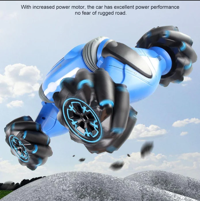 "Blue gesture controlled stunt car for kids with 360° rotation, featuring vibrant colors and robust, all-terrain design."