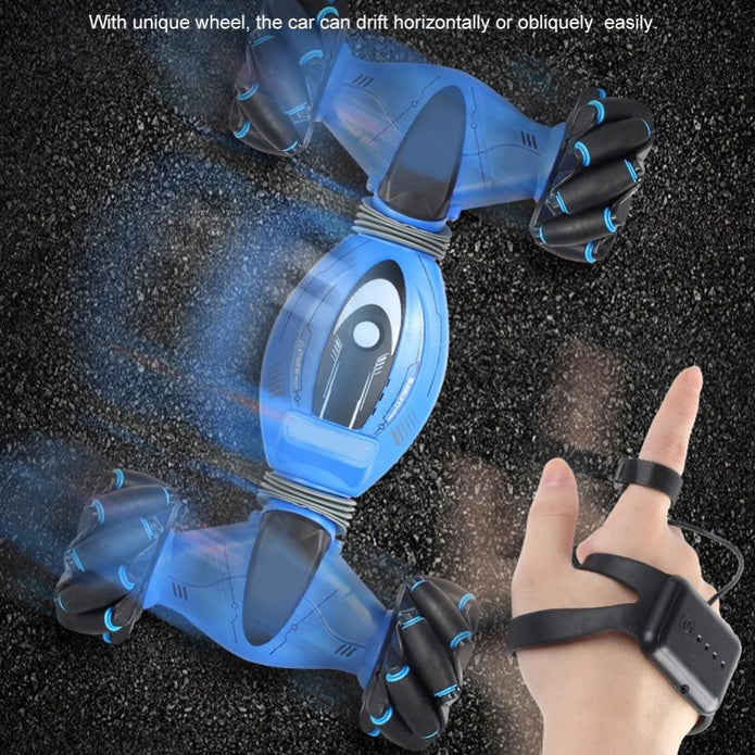 "Blue gesture controlled stunt car for kids with 360° rotation, featuring vibrant colors and robust, all-terrain design."