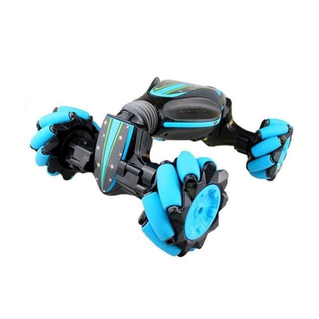 "Blue gesture controlled stunt car for kids with 360° rotation, featuring vibrant colors and robust, all-terrain design."