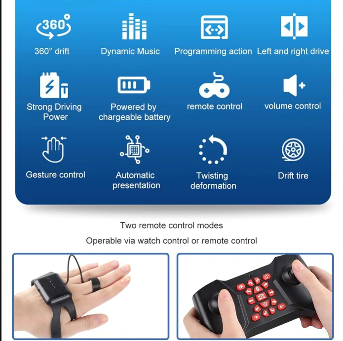 "Blue gesture controlled stunt car for kids with 360° rotation, featuring vibrant colors and robust, all-terrain design."