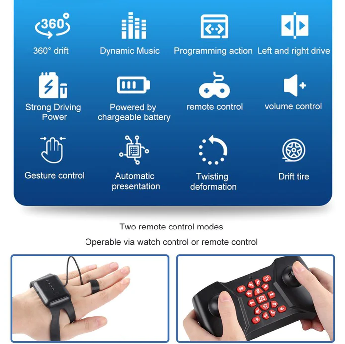 "Blue gesture controlled stunt car for kids with 360° rotation, featuring vibrant colors and robust, all-terrain design."