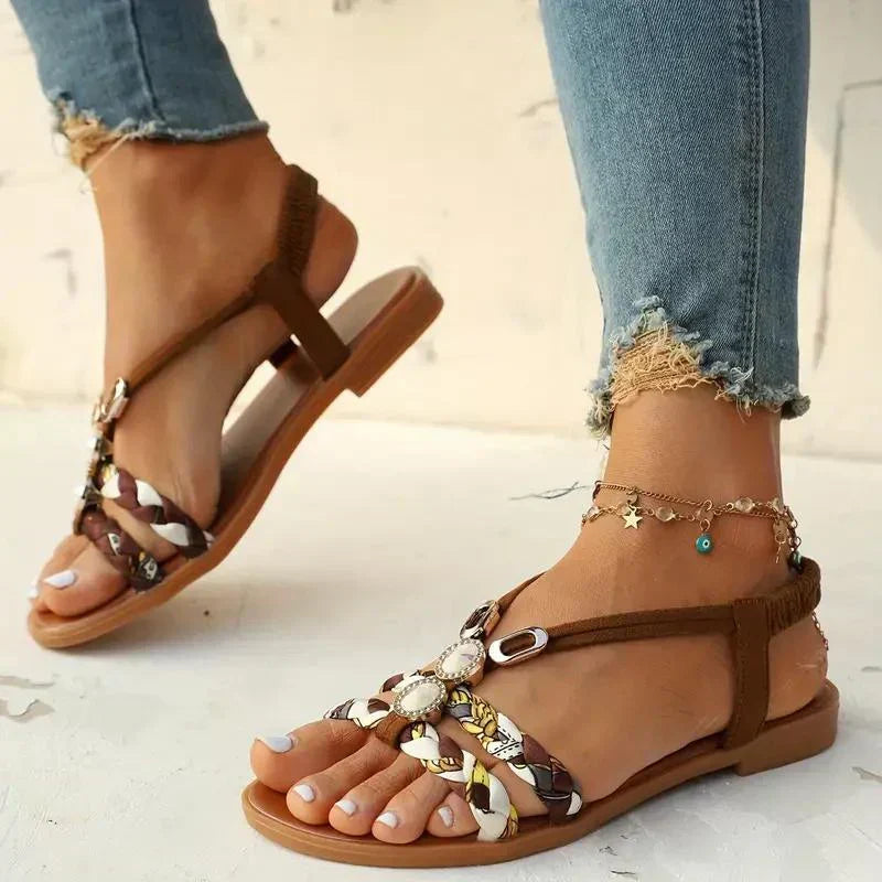 Stylish women's summer sandals with intricate boho beads, easy slip-on design.