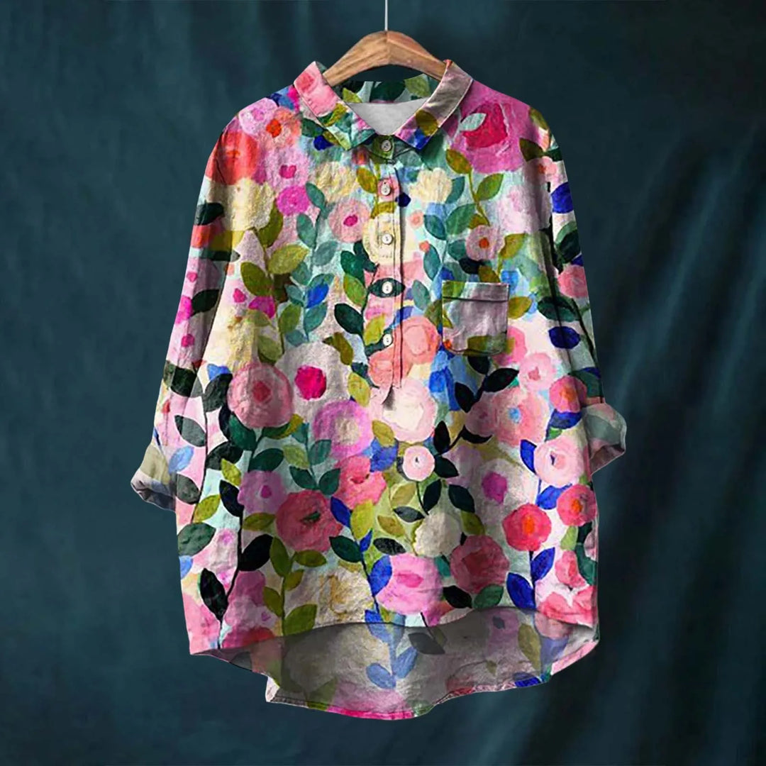 Botanical floral print women's relaxed shirt with turn-down collar, showcasing earthy design and casual elegance.