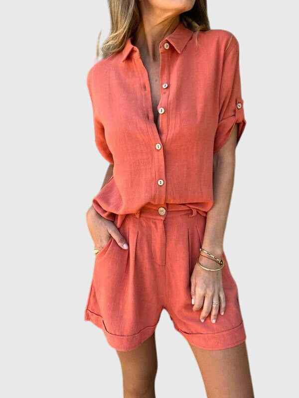 Lightweight women's short sleeve matching shorts set, a comfortable two piece summer outfit perfect for warm weather.