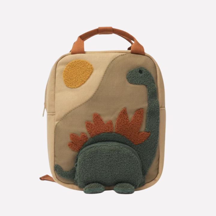 Beige kids' dinosaur backpack for school. Spacious and durable, perfect for boys & girls, featuring fun dino graphics.