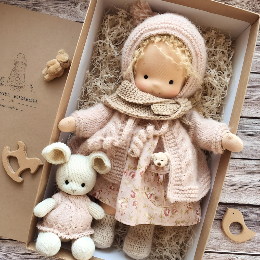 Waldorf doll, a plush natural material toy, stimulating imaginative play for kids.