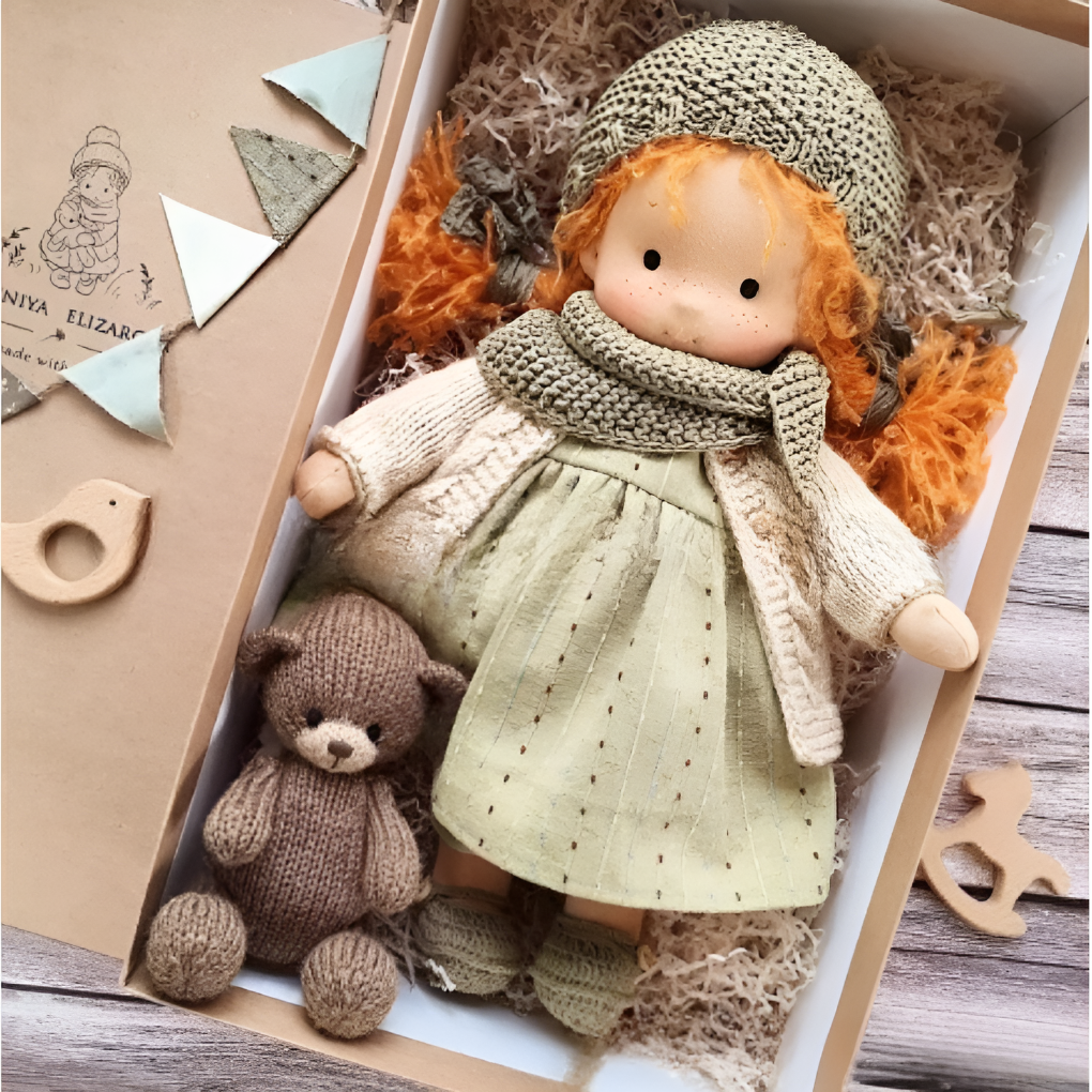 Comforting Waldorf doll, a soft wool cotton toy for nurturing imaginative play.