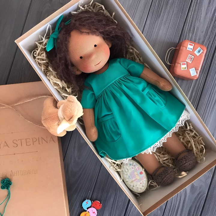 Artistic handcrafted Waldorf doll, soft & cuddly, perfect for creative imaginative play.