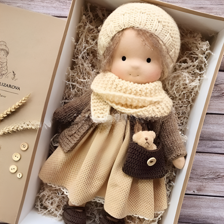 Pure wool & cotton Waldorf doll, handcrafted, a soft cuddly toy for imaginative play.
