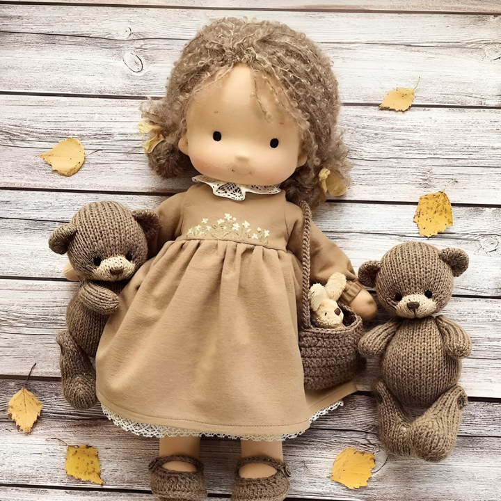 Charming handcrafted Waldorf doll, made of wool & cotton for imaginative children's play.