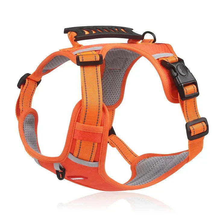 Orange padded no-pull dog harness for safe walking, featuring a control handle & breathable pet vest.