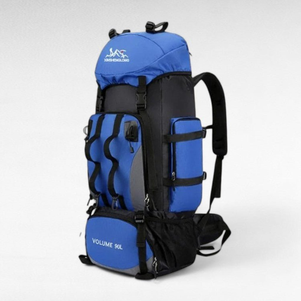 Large 90L outdoor gear hiking backpack for travel & camping, featuring ergonomic design & comfortable fit for expeditions.