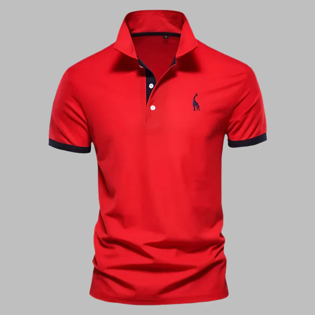 Modern men's short sleeve polo shirt, showcasing detailed contrast trim on collar and placket, smart casual style.