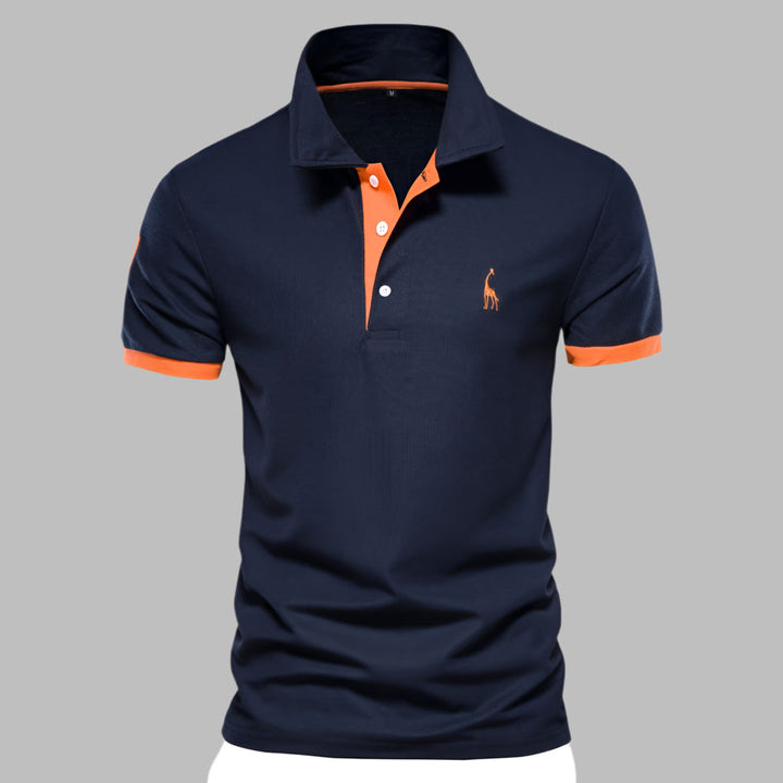 Men's short sleeve polo shirt with classic button placket & subtle contrast trim for a polished, smart look.