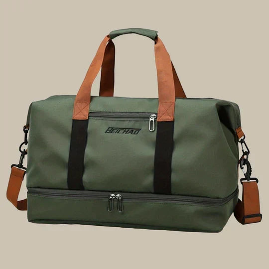Men's gym and travel duffle bag with spacious main compartment & dedicated shoe storage.