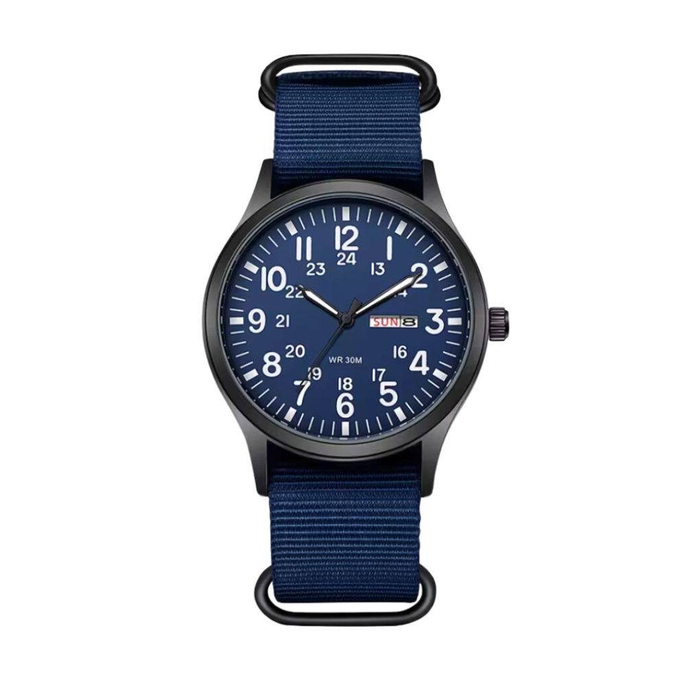 Durable men's field watch for adventurers, water-resistant with a luminous dial and rugged military style.