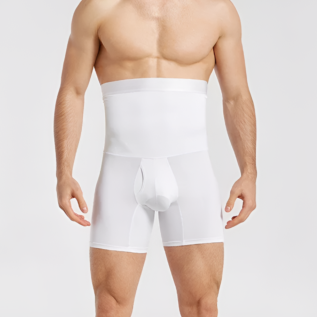 Close-up of men's high-waisted compression shorts, showing snug fit, tummy control & athletic design.